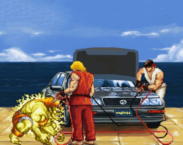 Blanka recharge la batterie d'une voiture (Street Fighter) blanka-recharge-batterie-voiture